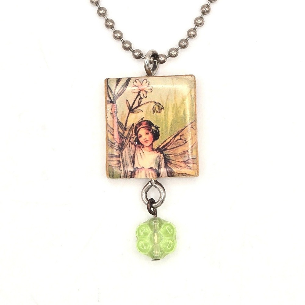 Handmade Fairy Scrabble Tile Pendant Necklace Green Flower Bead Ball Chain‎ N